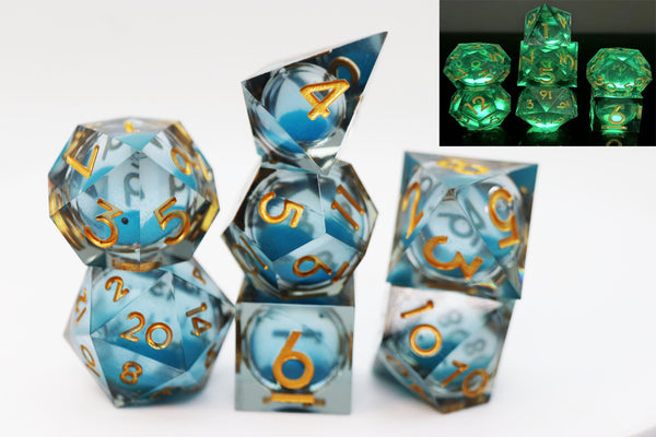 Sharp Edge Glow in the Dark Liquid Core RPG Dice Set - Blue Specter Plastic Dice Foam Brain Games