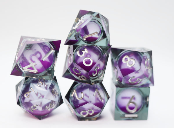Sharp Edge Glow in the Dark Liquid Core RPG Dice Set - Violet Glimmer Plastic Dice Foam Brain Games