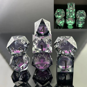 Sharp Edge Glow in the Dark Liquid Core RPG Dice Set - Violet Glimmer Plastic Dice Foam Brain Games