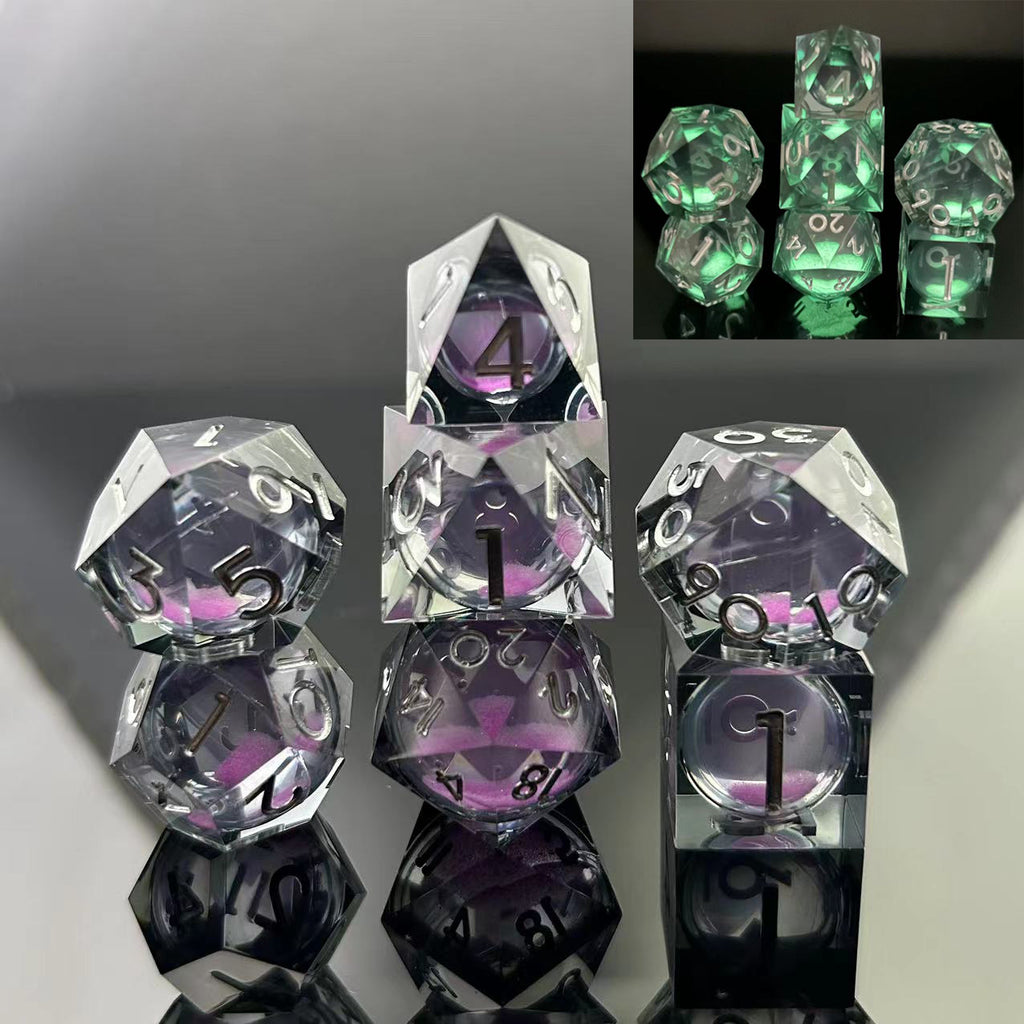 Sharp Edge Glow in the Dark Liquid Core RPG Dice Set - Violet Glimmer Plastic Dice Foam Brain Games