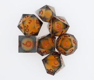 Sharp Edge Glow in the Dark Liquid Core RPG Dice Set - Topaz Glow Plastic Dice Foam Brain Games