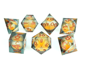 Sharp Edge Glow in the Dark Liquid Core RPG Dice Set - Topaz Glow Plastic Dice Foam Brain Games