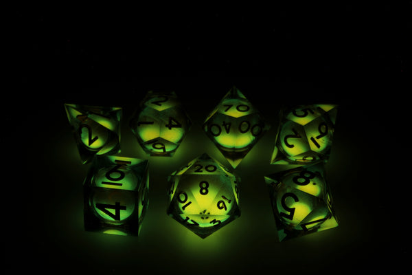 Sharp Edge Glow in the Dark Liquid Core RPG Dice Set - Topaz Glow Plastic Dice Foam Brain Games