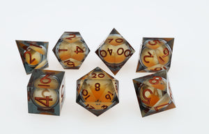 Sharp Edge Glow in the Dark Liquid Core RPG Dice Set - Topaz Glow Plastic Dice Foam Brain Games
