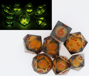 Sharp Edge Glow in the Dark Liquid Core RPG Dice Set - Topaz Glow Plastic Dice Foam Brain Games
