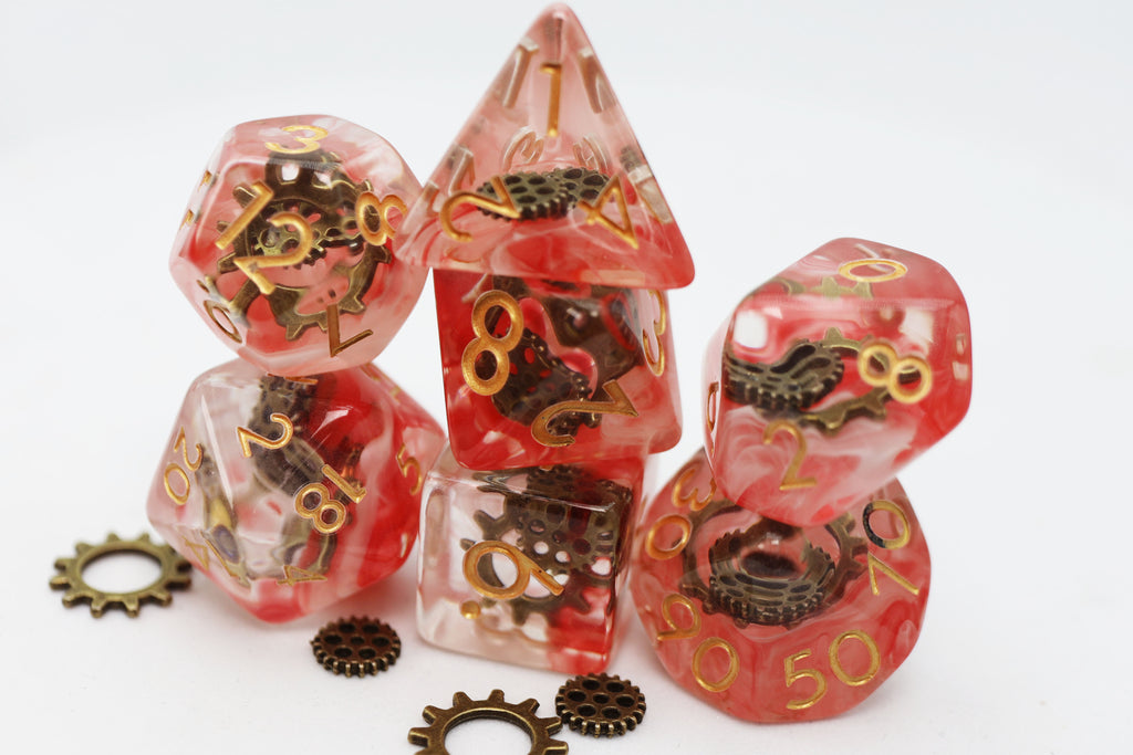 Red Swirl Ancient Gear RPG Dice Set Plastic Dice Foam Brain Games