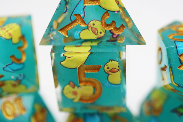 Splashing Duckies: Sharp Edge Decal RPG Dice Set Plastic Dice Foam Brain Games