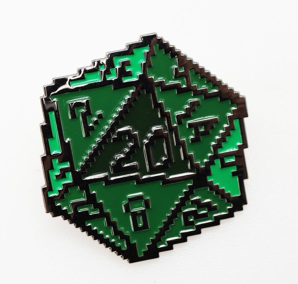 D20 Pin - 8 Bit Green Enamel Pin Foam Brain Games