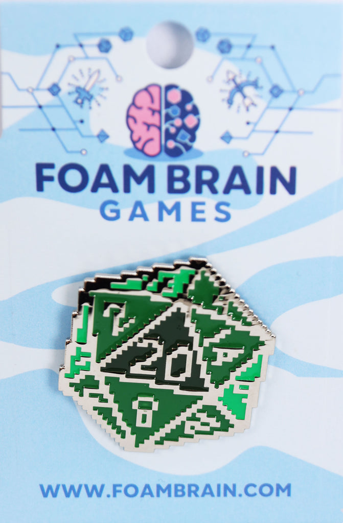 D20 Pin - 8 Bit Green Enamel Pin Foam Brain Games