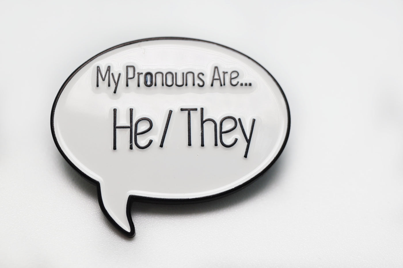Speech Bubble Pin: He/They Pronouns Dice Tray Foam Brain Games