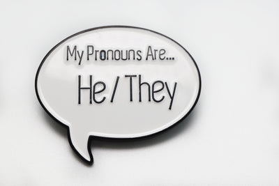 Speech Bubble Pin: He/They Pronouns Dice Tray Foam Brain Games