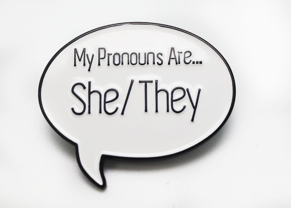 Speech Bubble Pin: She/They Pronouns Enamel Pin Foam Brain Games
