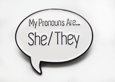 Speech Bubble Pin: She/They Pronouns Dice Tray Foam Brain Games