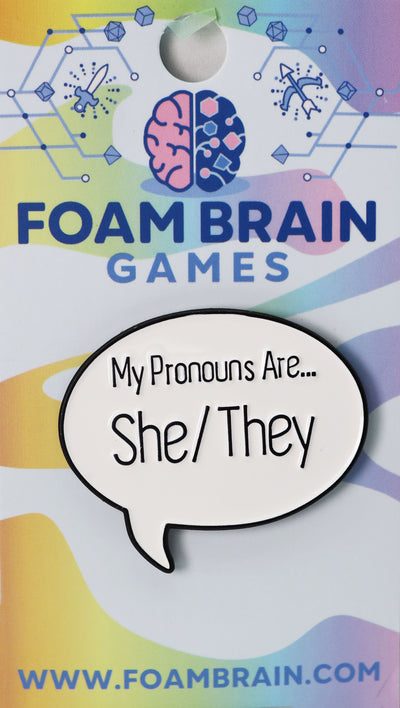 Speech Bubble Pin: She/They Pronouns Dice Tray Foam Brain Games