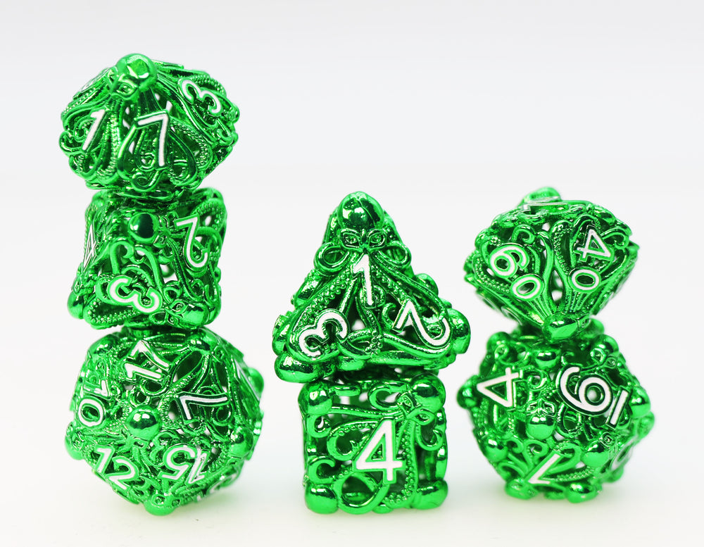Mind Eater: Green - Hollow Metal RPG Dice Set Metal Dice Foam Brain Games