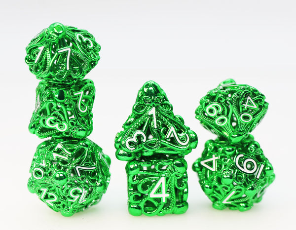 Mind Eater: Green - Hollow Metal RPG Dice Set Metal Dice Foam Brain Games