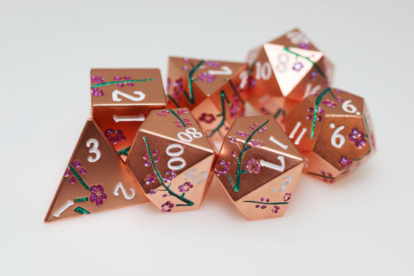 Metallic Bouquet: Copper Cherry Blossoms - Metal RPG Dice Set Metal Dice Foam Brain Games