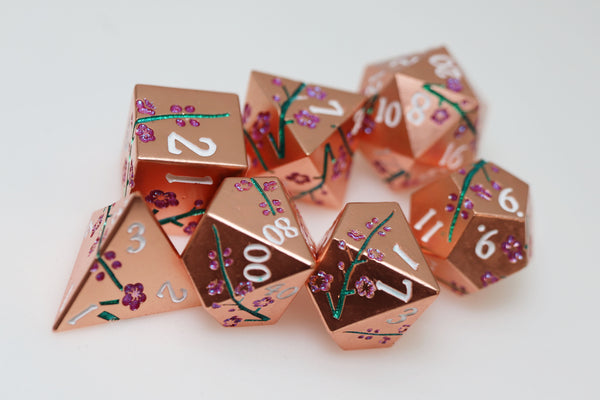 Metallic Bouquet: Copper Cherry Blossoms - Metal RPG Dice Set Metal Dice Foam Brain Games