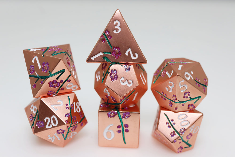 Metallic Bouquet: Copper Cherry Blossoms - Metal RPG Dice Set Metal Dice Foam Brain Games
