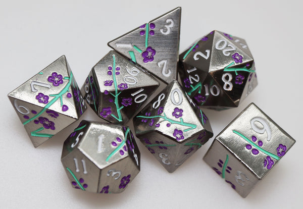 Metallic Bouquet: Silvered Jackmanii - Metal RPG Dice Set Metal Dice Foam Brain Games