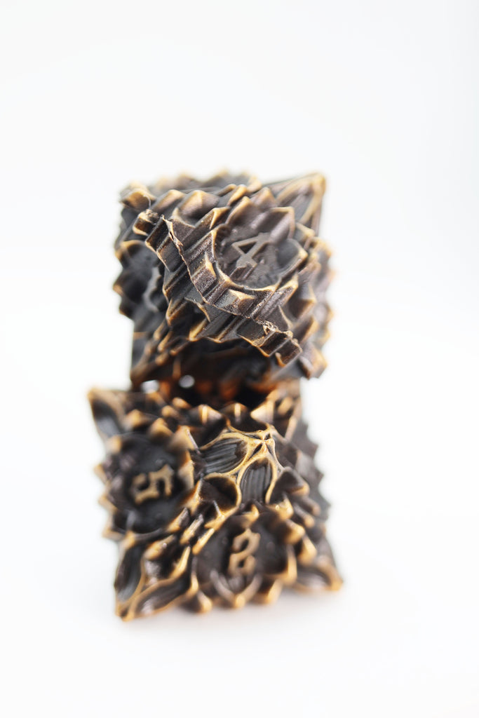 Floral Starburst: Gilded Goldenrod - Metal RPG Dice Set Metal Dice Foam Brain Games