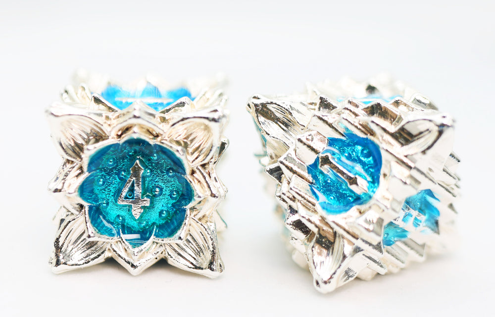 Floral Starburst: Silver Bluebells - Metal RPG Dice Set Metal Dice Foam Brain Games