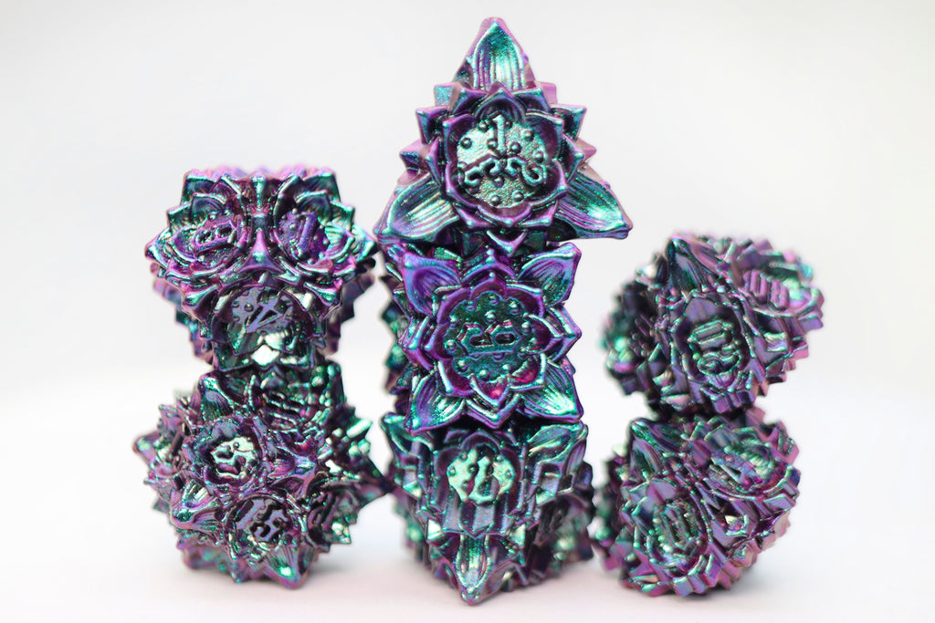 Floral Starburst: Mystic Marigold - Metal RPG Dice Set Metal Dice Foam Brain Games