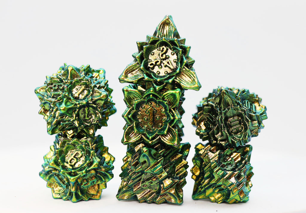 Floral Starburst: Frosted Undergrowth - Metal RPG Dice Set Metal Dice Foam Brain Games