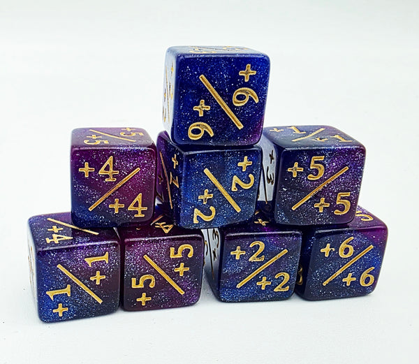 +1/+1 Dark Blue & Purple Glitter Counters for Magic - set of 8 Plastic Dice Foam Brain Games