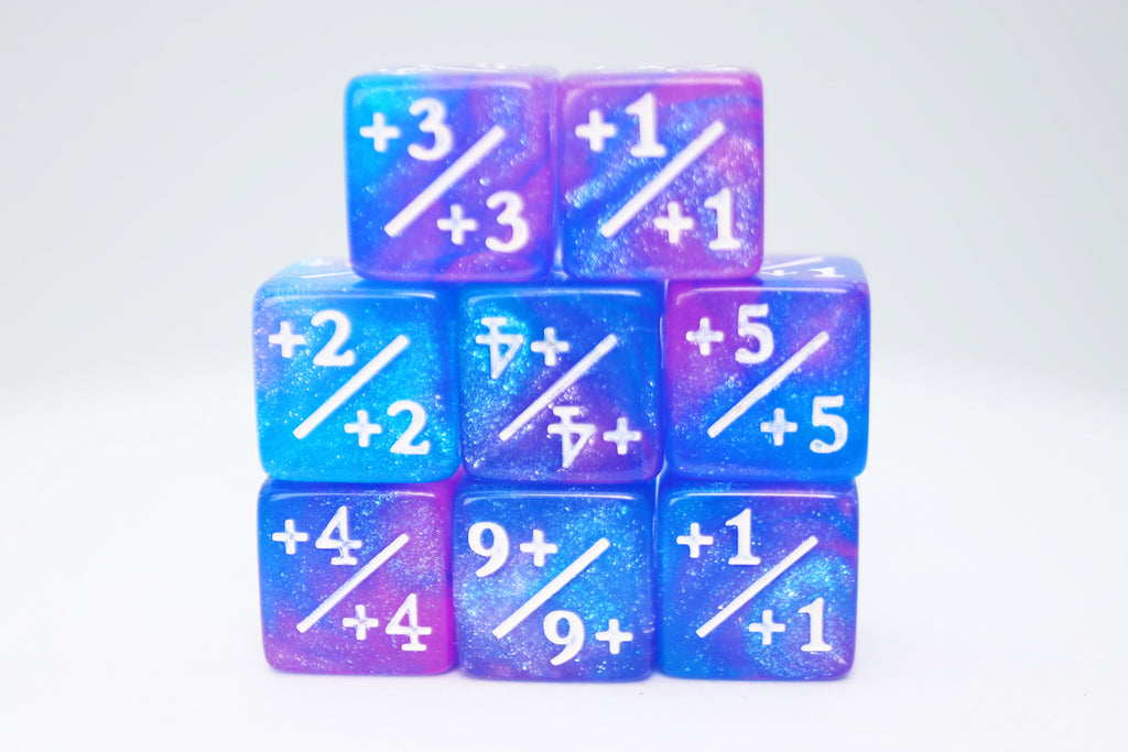 +1/+1 Blue & Purple Glitter Counters for Magic - set of 8 Plastic Dice Foam Brain Games