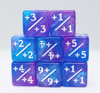 +1/+1 Blue & Purple Glitter Counters for Magic - set of 8 Plastic Dice Foam Brain Games