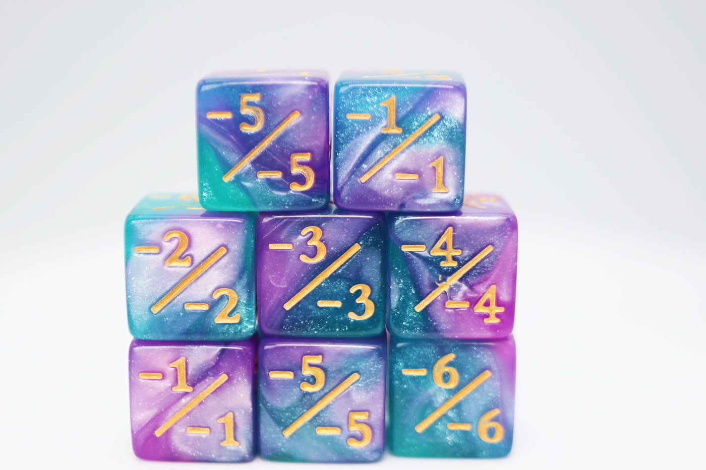 -1/-1 Light Blue & Purple Glitter Counters  for Magic - set of 8 Plastic Dice Foam Brain Games