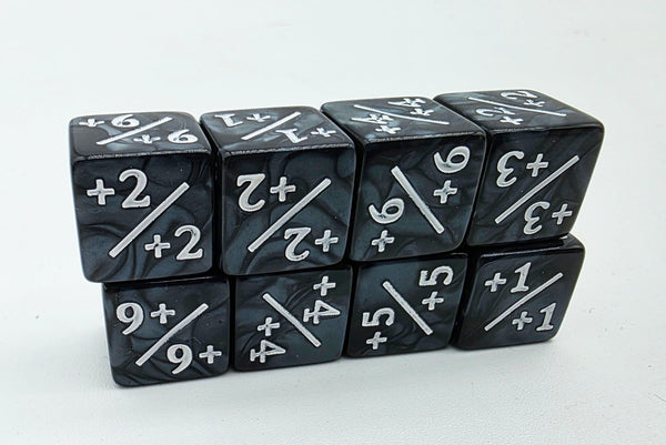 +1/+1 Pearl Black Counters with White for Magic - Set of 8 Plastic Dice Foam Brain Games