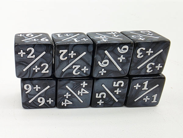 +1/+1 Pearl Black Counters with White for Magic - Set of 8 Plastic Dice Foam Brain Games