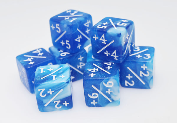 +1/+1 White & Blue Glitter Counters for Magic - Set of 8 Plastic Dice Foam Brain Games