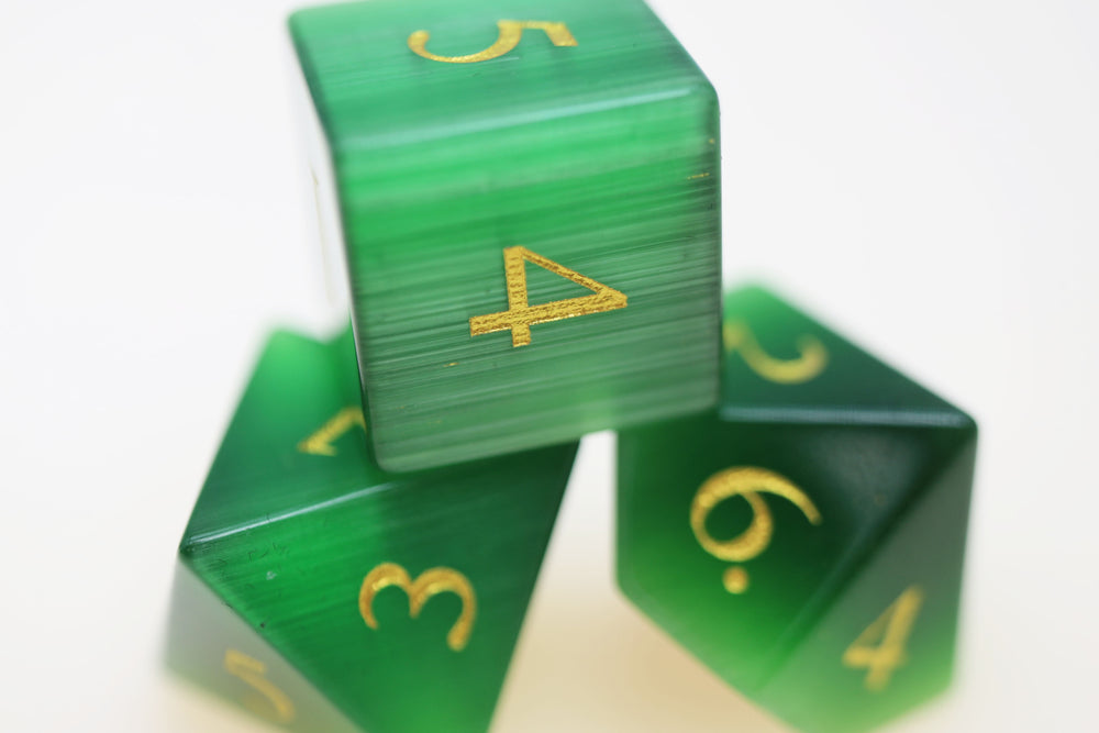 Cat's Eye Green - Gemstone Engraved with Gold Stone Dice Foam Brain Games