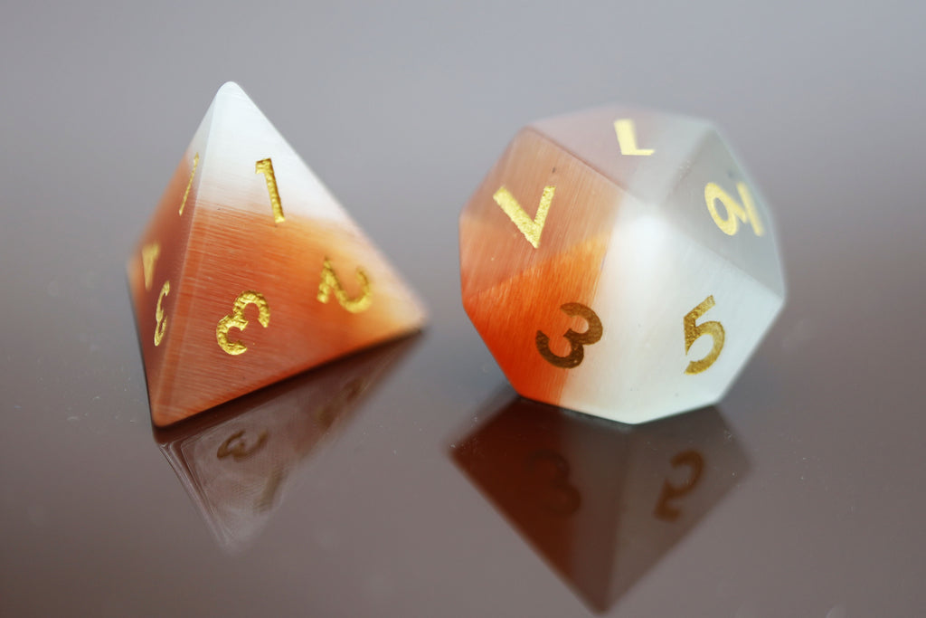 Orange and White Cat's Eye - Gemstone Engraved with Gold Stone Dice Foam Brain Games