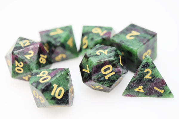 Ruby Zoisite - Engraved with Gold Stone RPG Dice Set Stone Dice Foam Brain Games