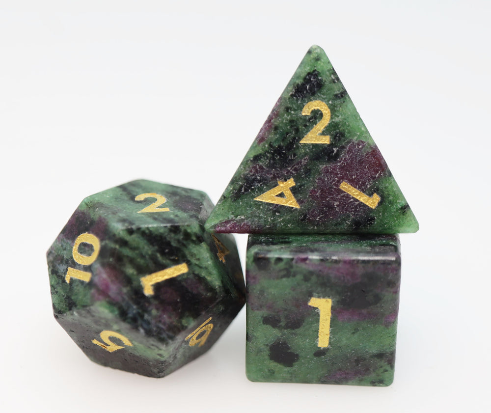 Ruby Zoisite - Engraved with Gold Stone RPG Dice Set Stone Dice Foam Brain Games