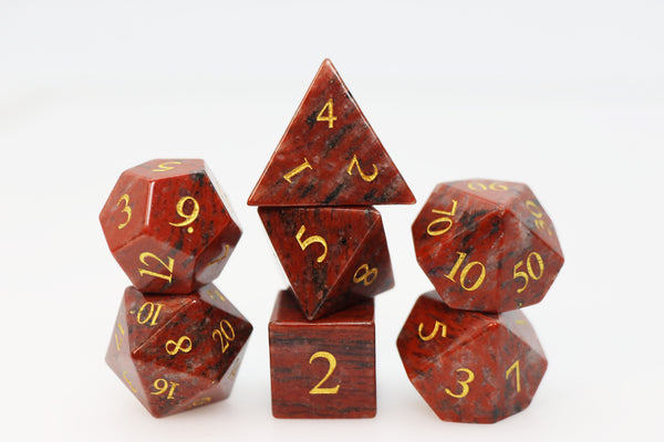 Red Hematite - Engraved with Gold Stone RPG Dice Set Stone Dice Foam Brain Games