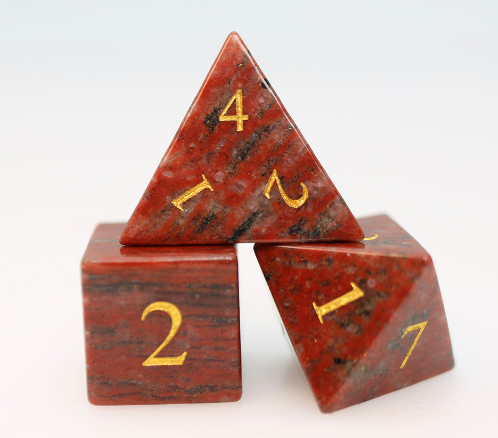 Red Hematite - Engraved with Gold Stone RPG Dice Set Stone Dice Foam Brain Games