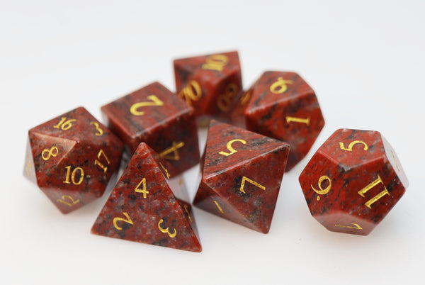 Red Hematite - Engraved with Gold Stone RPG Dice Set Stone Dice Foam Brain Games