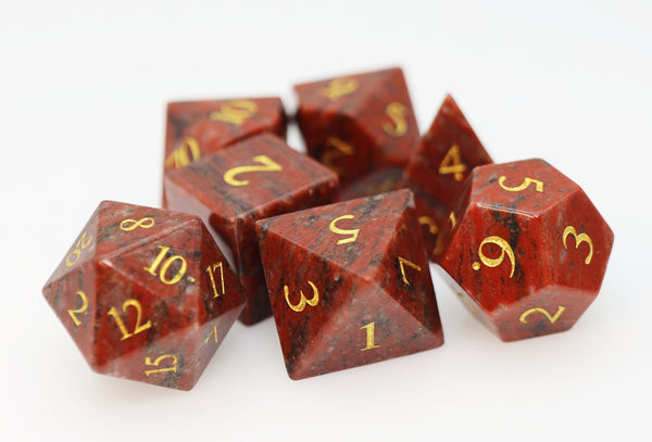 Red Hematite - Engraved with Gold Stone RPG Dice Set Stone Dice Foam Brain Games