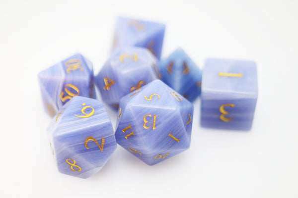Blue Lace Agate - Engraved with Gold Stone RPG Dice Set Stone Dice Foam Brain Games