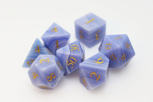 Blue Lace Agate - Engraved with Gold Stone RPG Dice Set Stone Dice Foam Brain Games
