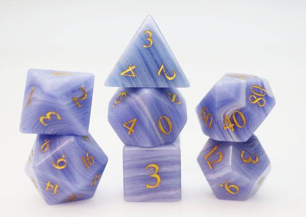 Blue Lace Agate - Engraved with Gold Stone RPG Dice Set Stone Dice Foam Brain Games