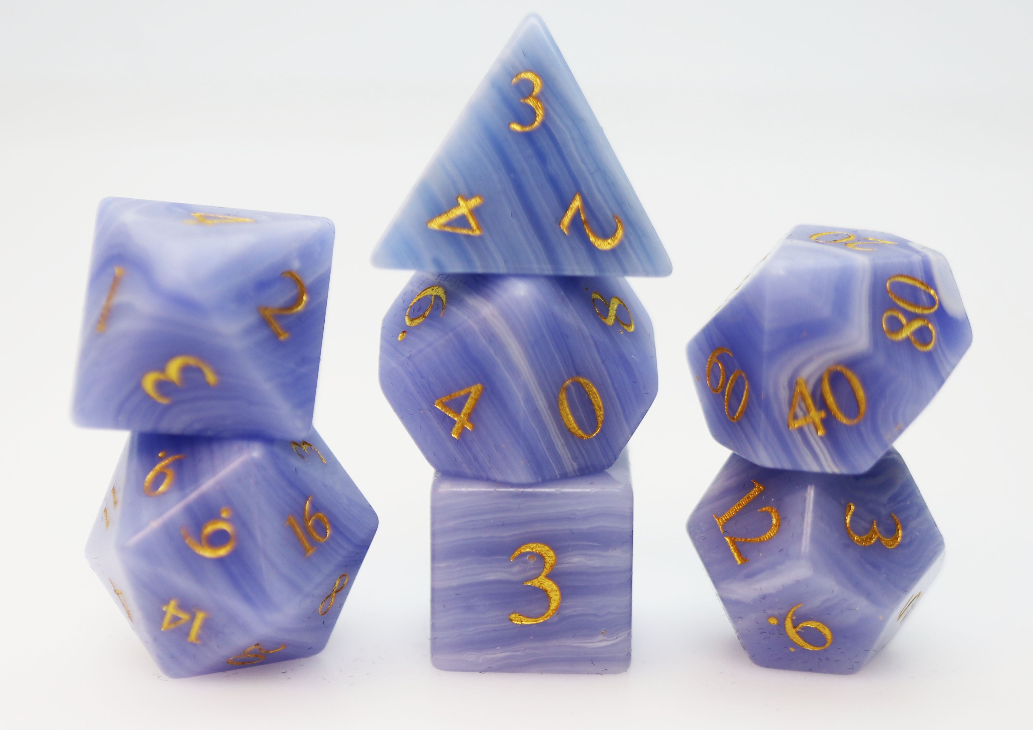 Blue Lace Agate - Engraved with Gold Stone RPG Dice Set Stone Dice Foam Brain Games