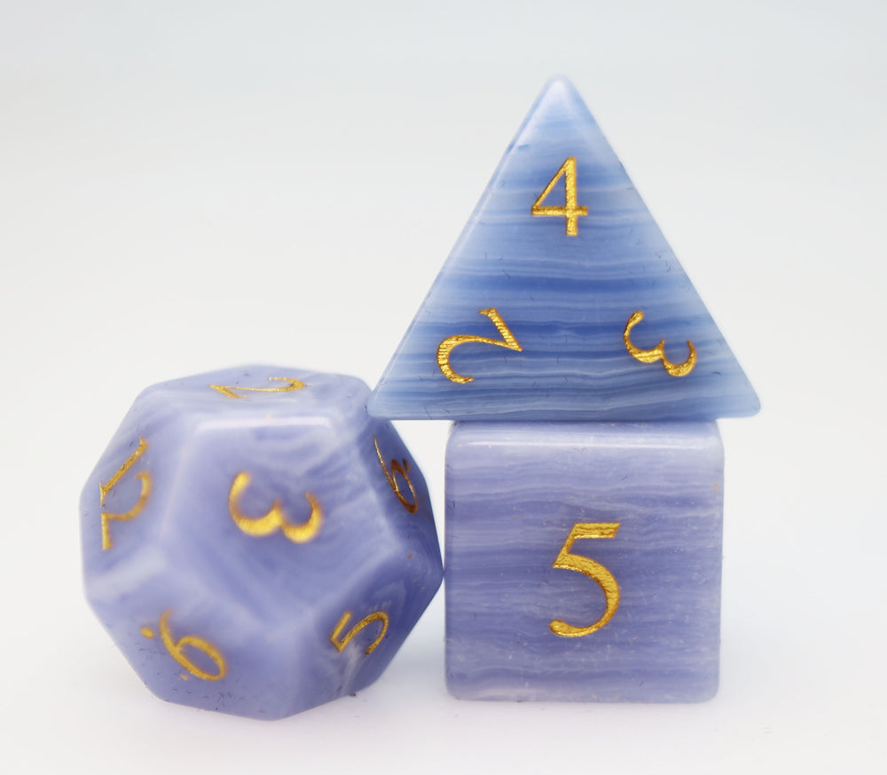 Blue Lace Agate - Engraved with Gold Stone RPG Dice Set Stone Dice Foam Brain Games