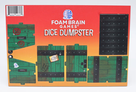 MDF board with print "Foam Brain Games Dice Dumpster" Red and Orange background with green pop-out dumpster pieces
