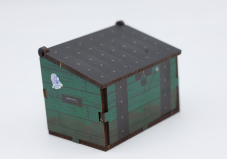 Foam Brain Games assembled MDF green Dice dumpster, front view, lid closed. 